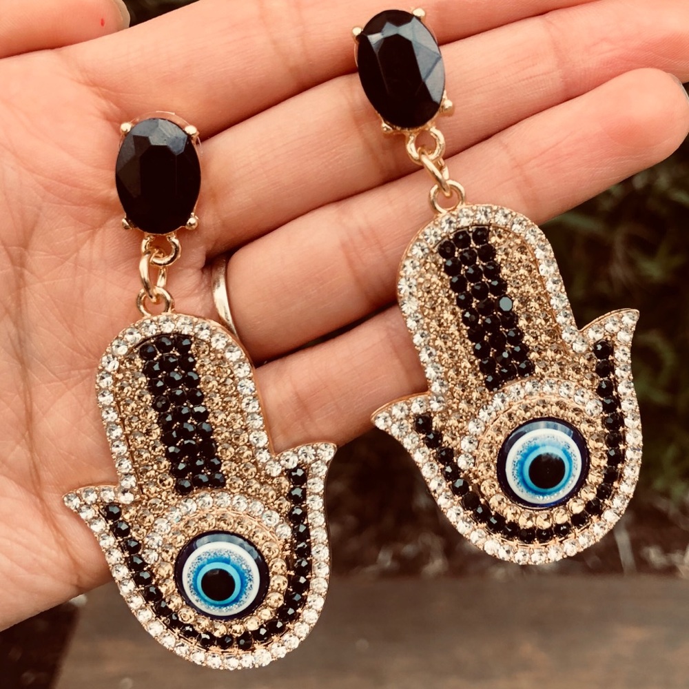 Hamsa Evil Eye Drop Earrings -Black